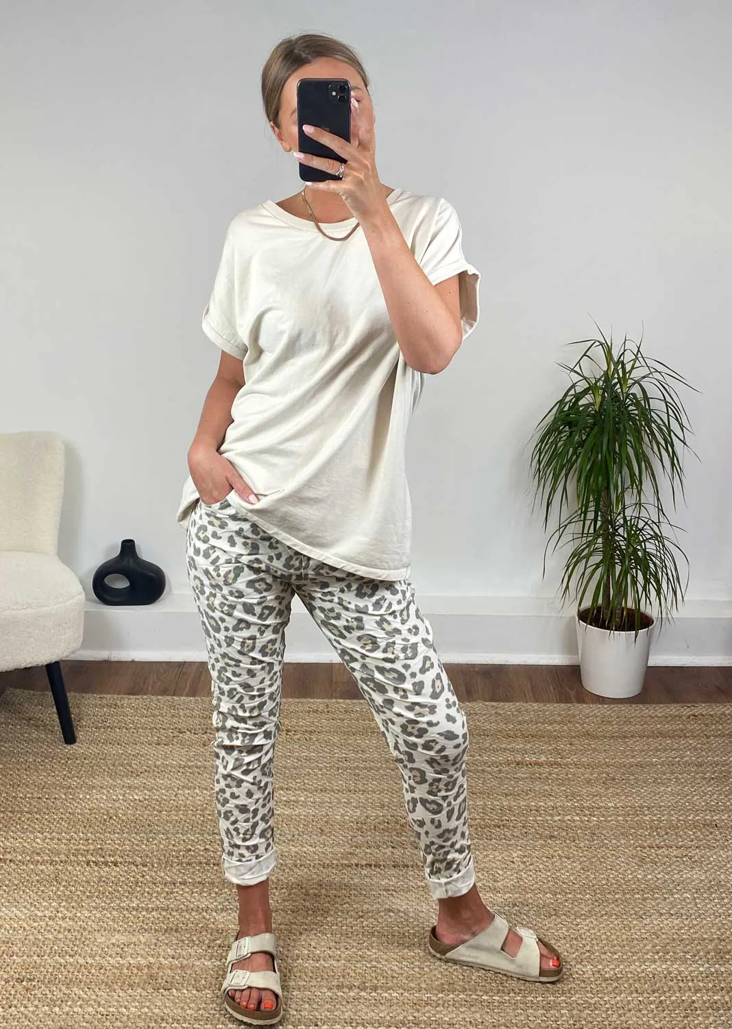 Leopard Tapered Magic Pants in Stone