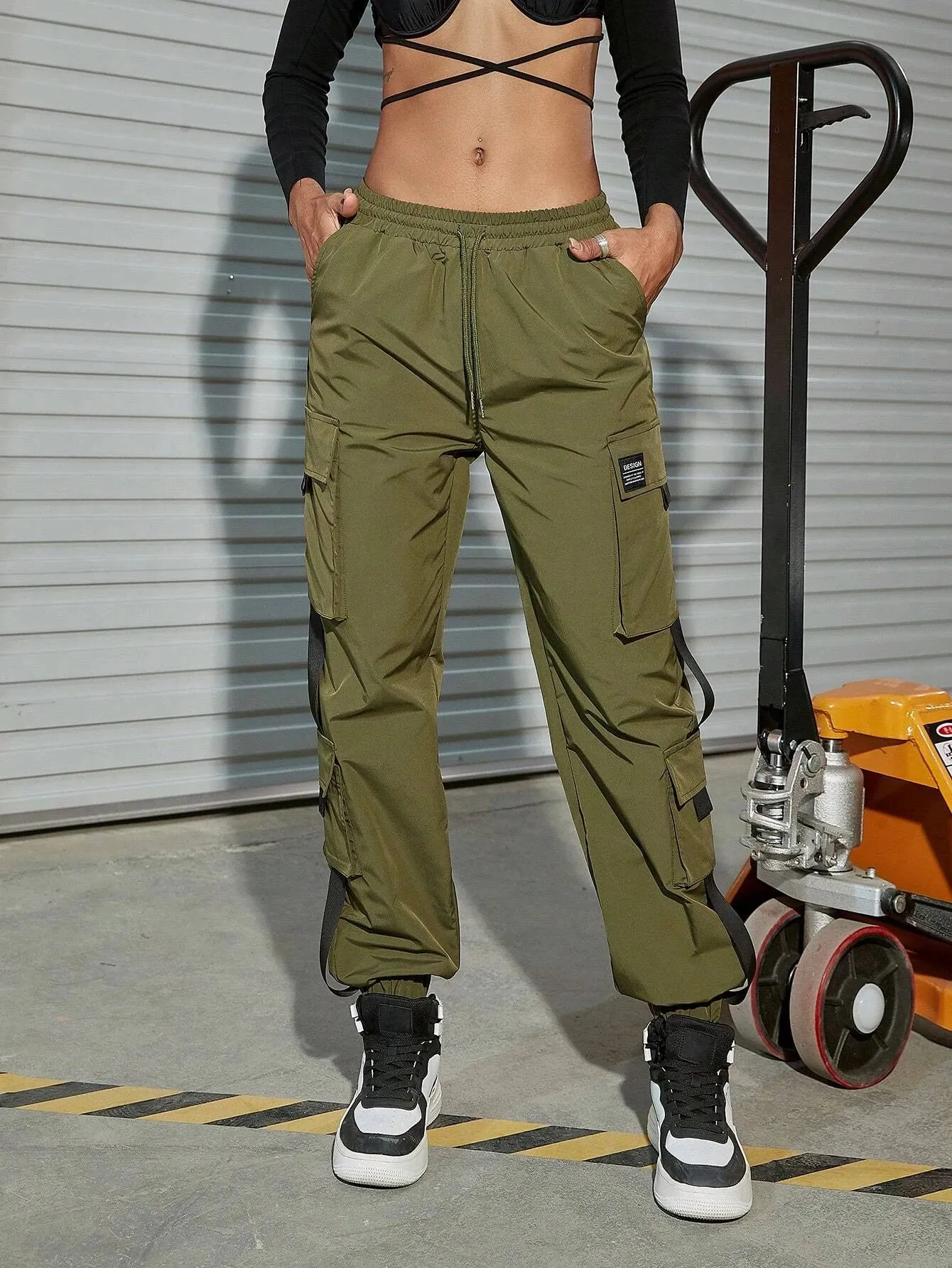 Letter Patched Detail Buckle Cargo Pants