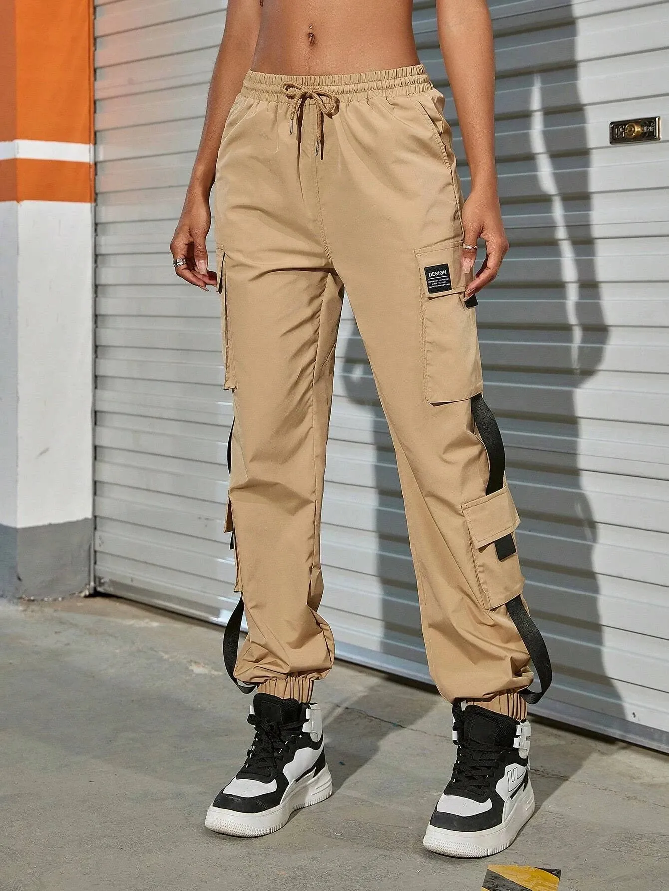 Letter Patched Detail Buckle Cargo Pants