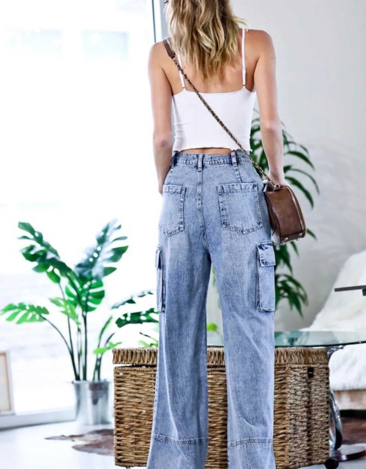 Light Denim Cargo Wide Leg Pants