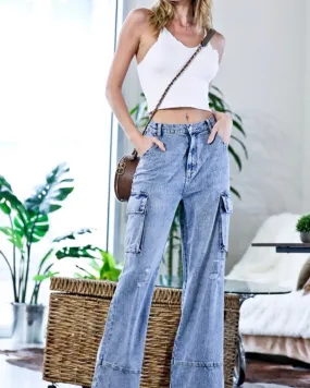 Light Denim Cargo Wide Leg Pants