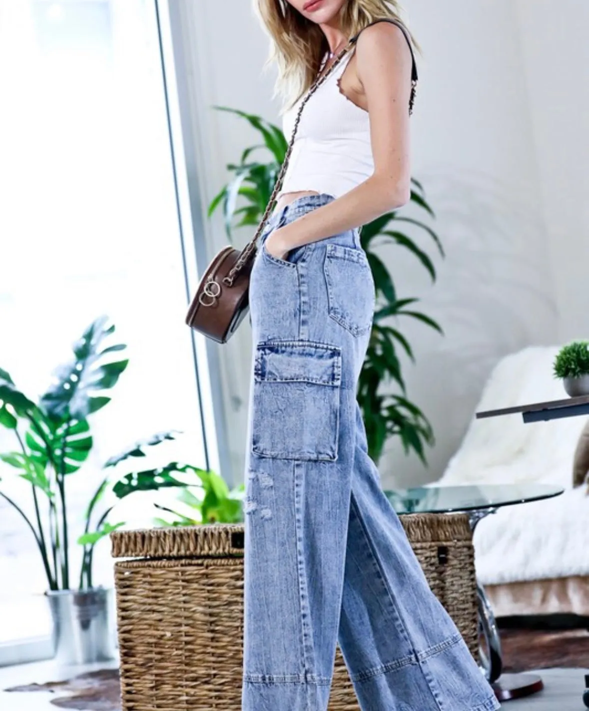 Light Denim Cargo Wide Leg Pants