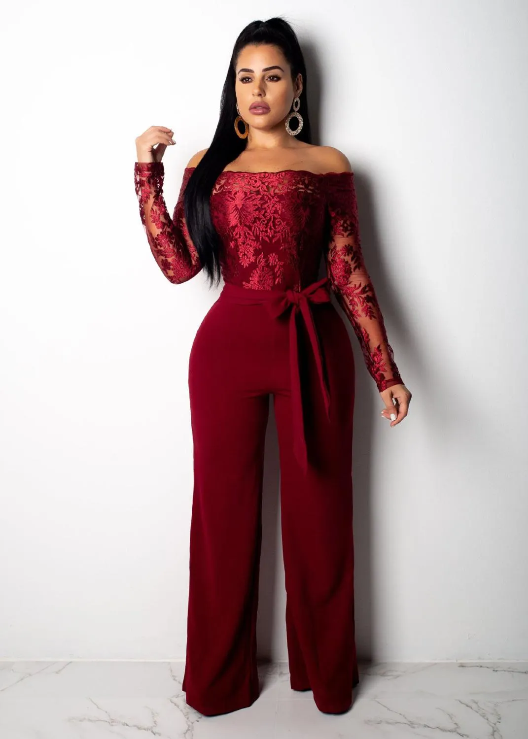 Long Sleeve Off Shoulder Dressy Jumpsuit