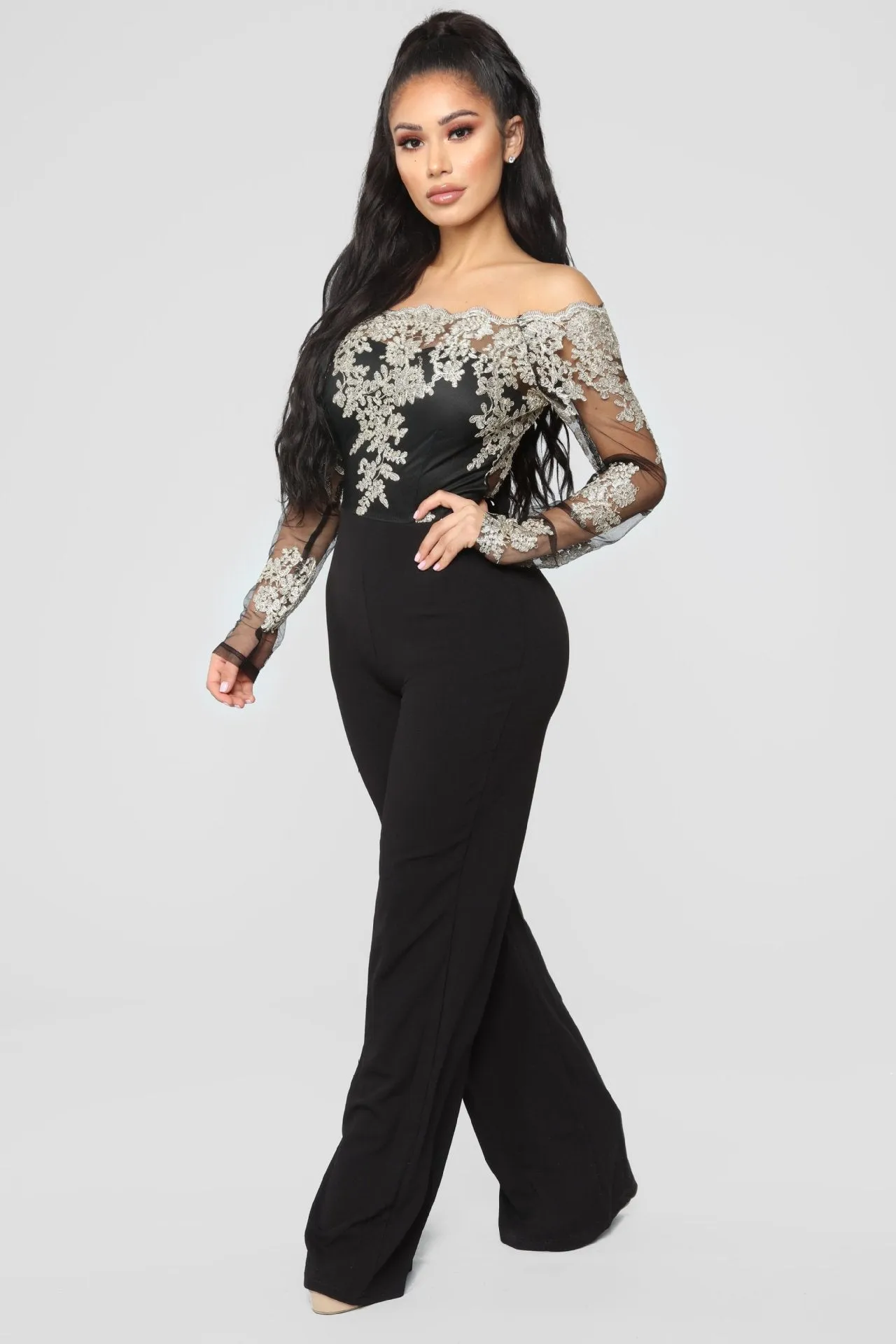 Long Sleeve Off Shoulder Dressy Jumpsuit