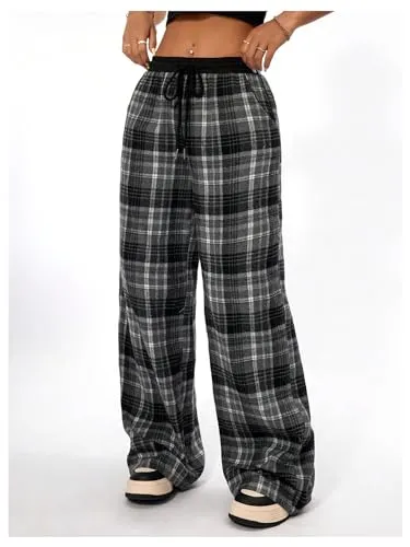 MakeMeChic Women's Wide Leg Pants Plaid Drawstring High Waist Loose Work Baggy Pants Sweatpants with Pocket Black Small