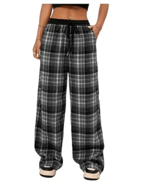 MakeMeChic Women's Wide Leg Pants Plaid Drawstring High Waist Loose Work Baggy Pants Sweatpants with Pocket Black Small