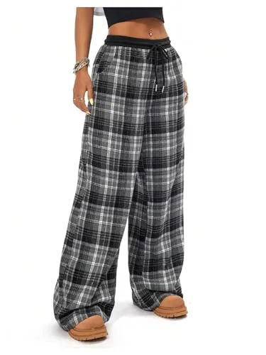 MakeMeChic Women's Wide Leg Pants Plaid Drawstring High Waist Loose Work Baggy Pants Sweatpants with Pocket Black Small