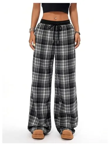 MakeMeChic Women's Wide Leg Pants Plaid Drawstring High Waist Loose Work Baggy Pants Sweatpants with Pocket Black Small