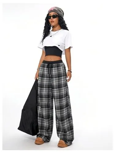 MakeMeChic Women's Wide Leg Pants Plaid Drawstring High Waist Loose Work Baggy Pants Sweatpants with Pocket Black Small