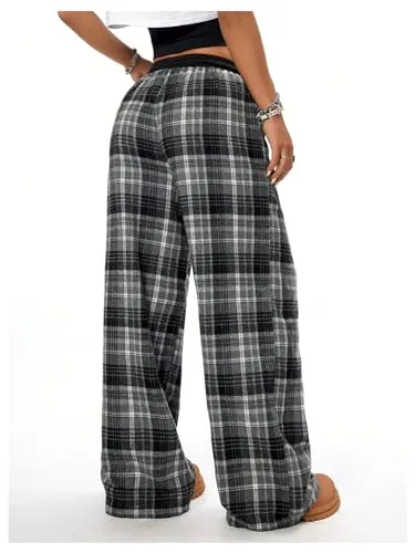 MakeMeChic Women's Wide Leg Pants Plaid Drawstring High Waist Loose Work Baggy Pants Sweatpants with Pocket Black Small