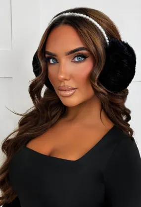 Margot Black Faux Fur Pearl Detail Ear Muffs