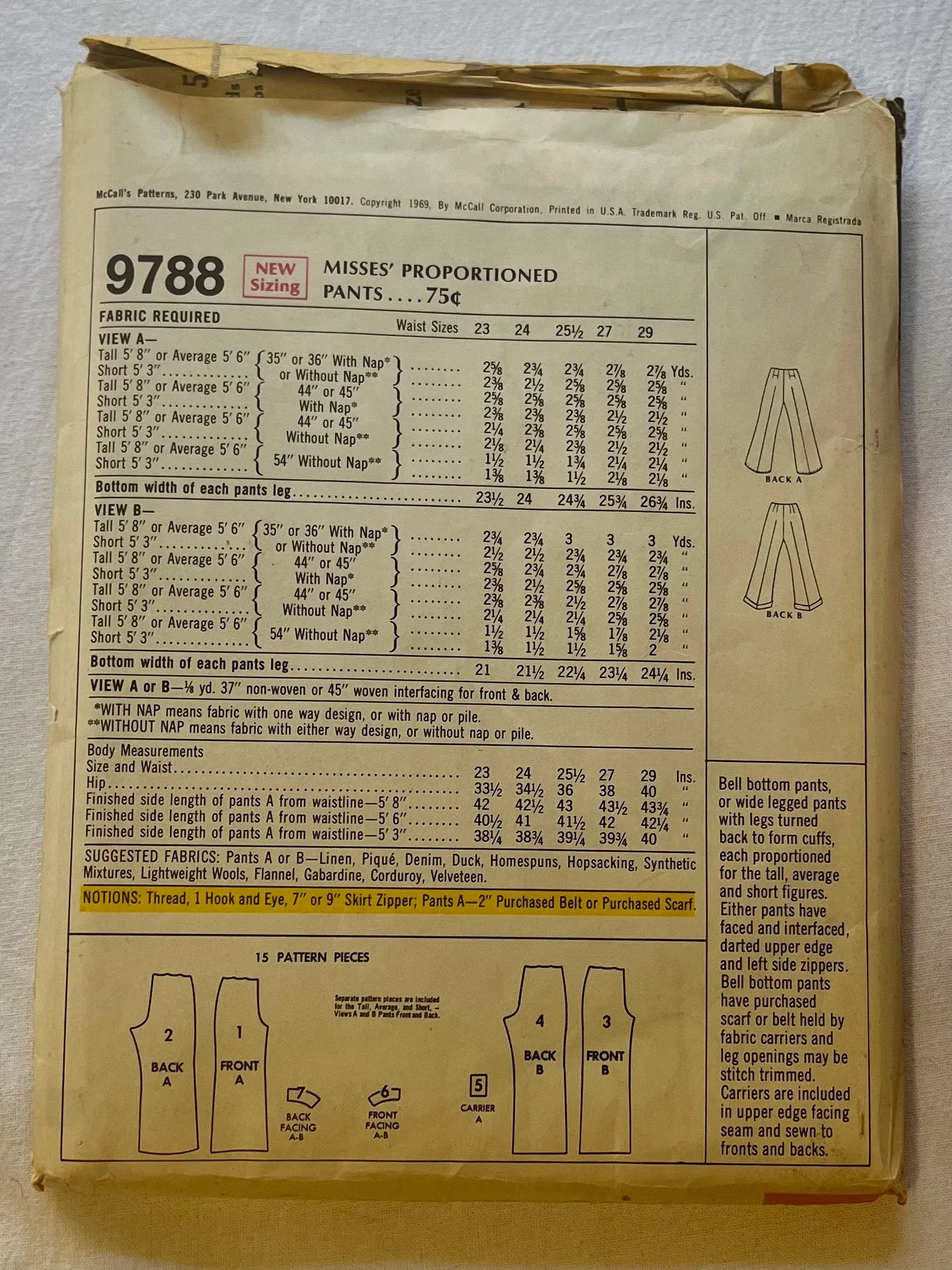 McCall's 9788 PARTIALLY CUT Adult Pants Waist Sizes 23, 24, 25.5, 27, 29