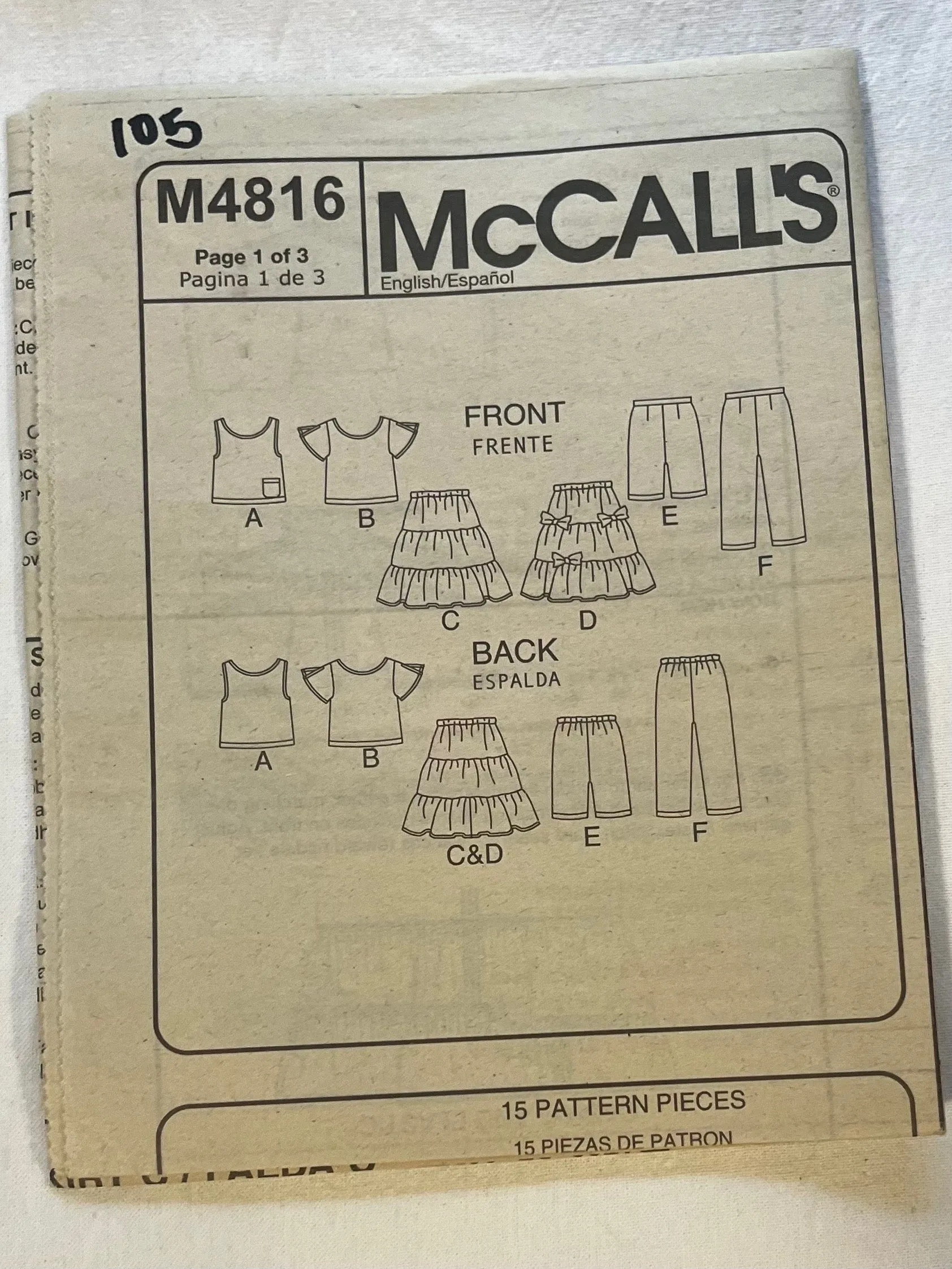 McCall's M4816 Sewing Pattern CUT Childrens' & Girls' Tops, Skirts, Shorts, & Capri Pants Sizes 10, 12, 14