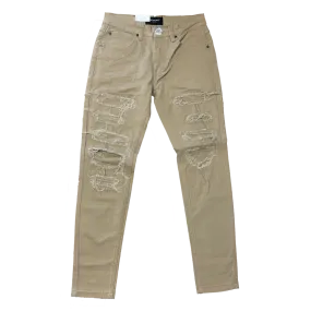 Men's Premium Distressed Khaki Denim Wash Skinny Jeans with Stretch