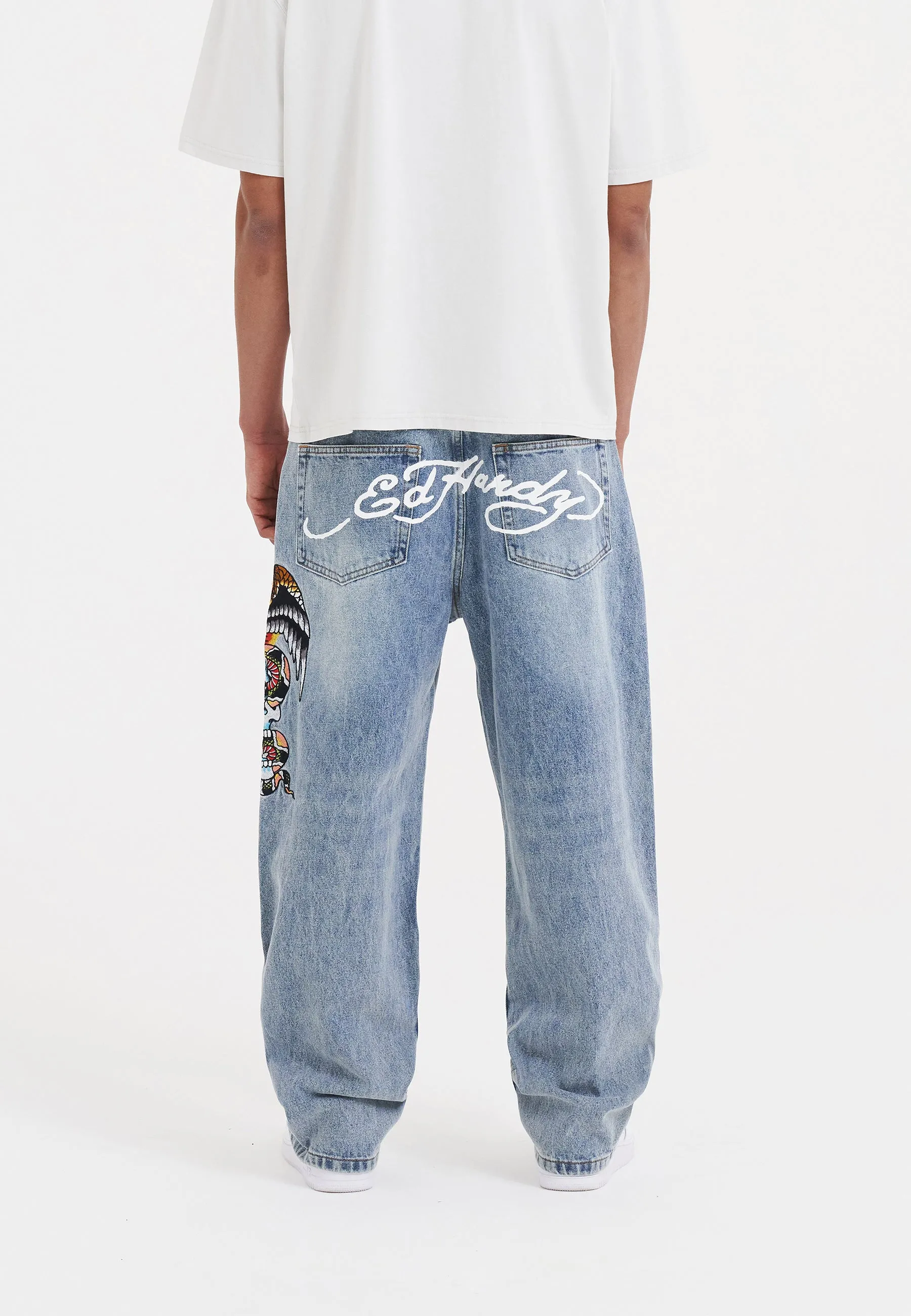 Mens Skull-Snake-Eagle Tattoo Graphic Denim Trousers Baggy Jeans - Bleach