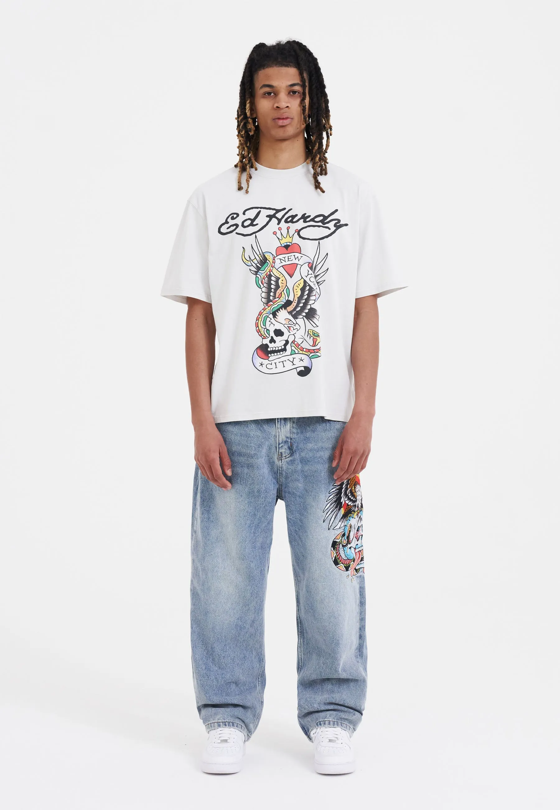 Mens Skull-Snake-Eagle Tattoo Graphic Denim Trousers Baggy Jeans - Bleach