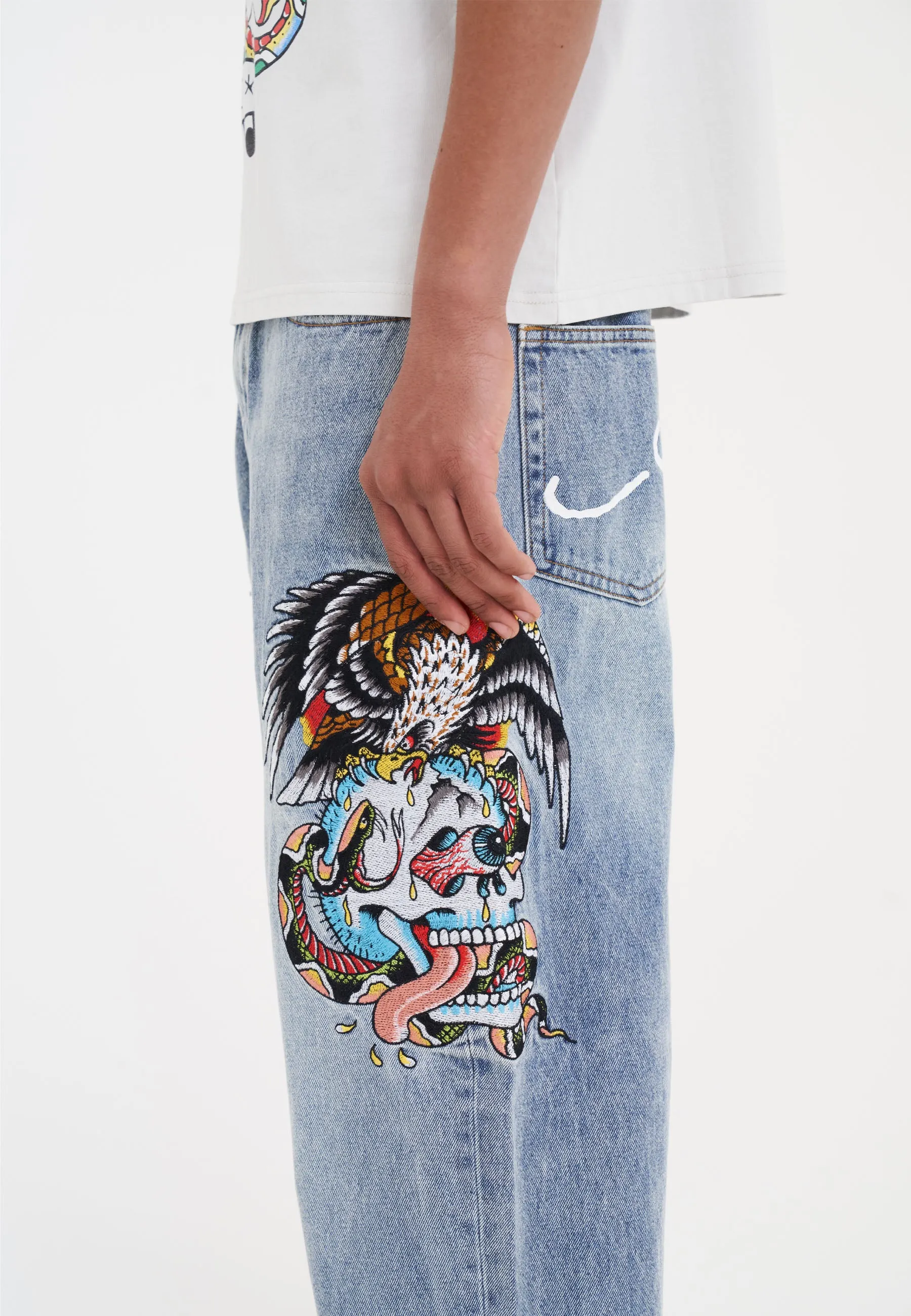 Mens Skull-Snake-Eagle Tattoo Graphic Denim Trousers Baggy Jeans - Bleach