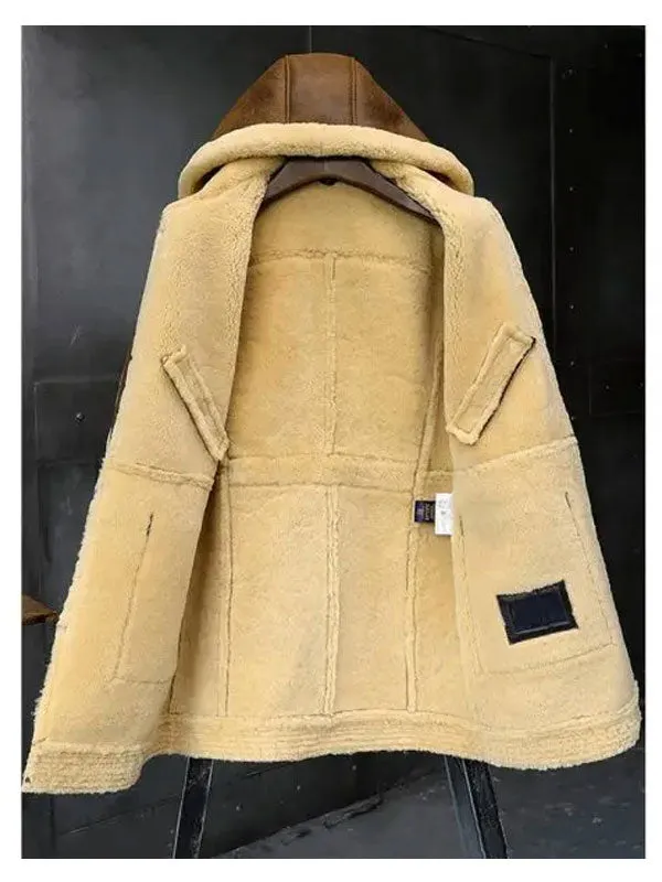 Mens Winter Hooded Sheepskin Shearling Fur Leather Long Jacket Coat