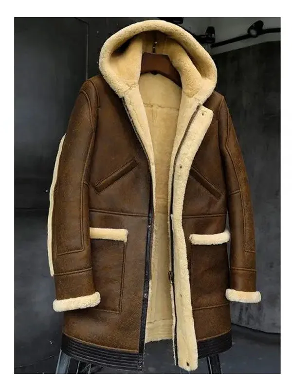 Mens Winter Hooded Sheepskin Shearling Fur Leather Long Jacket Coat