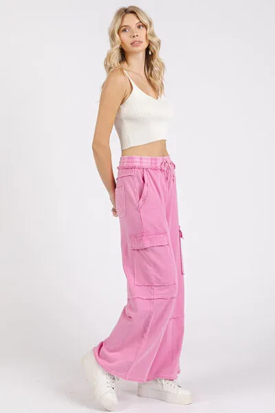 Mittoshop Mineral Wash Elastic Waist Cargo Wide Leg Pants