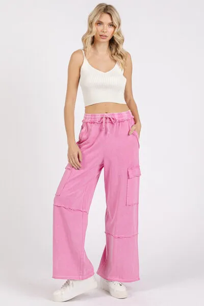 Mittoshop Mineral Wash Elastic Waist Cargo Wide Leg Pants