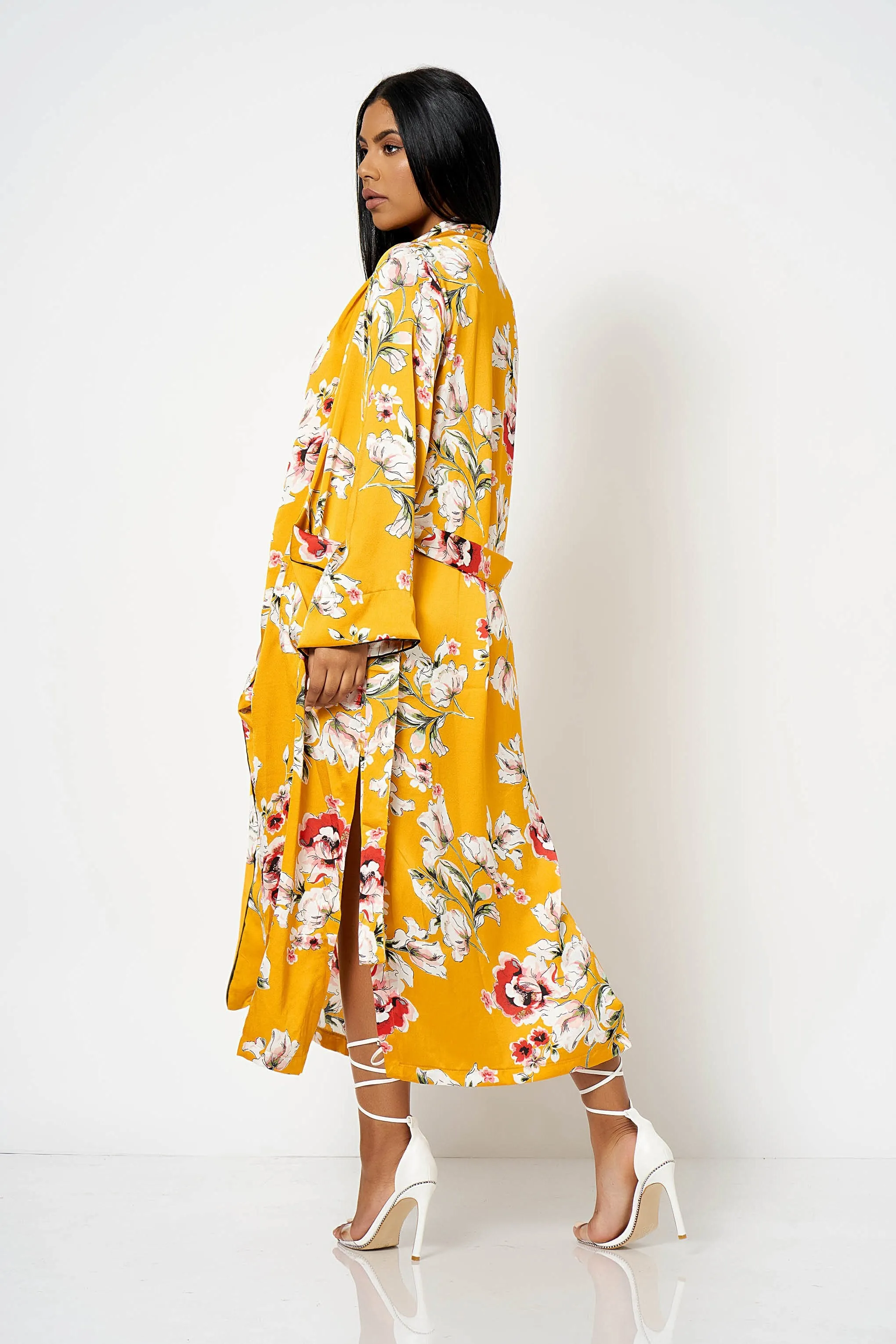 Mustard Satin Floral Duster Coat