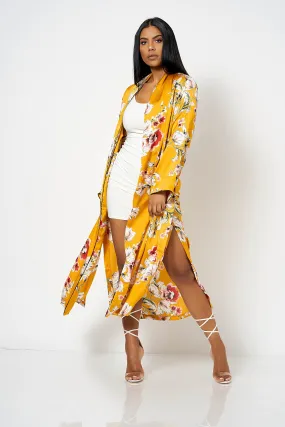 Mustard Satin Floral Duster Coat