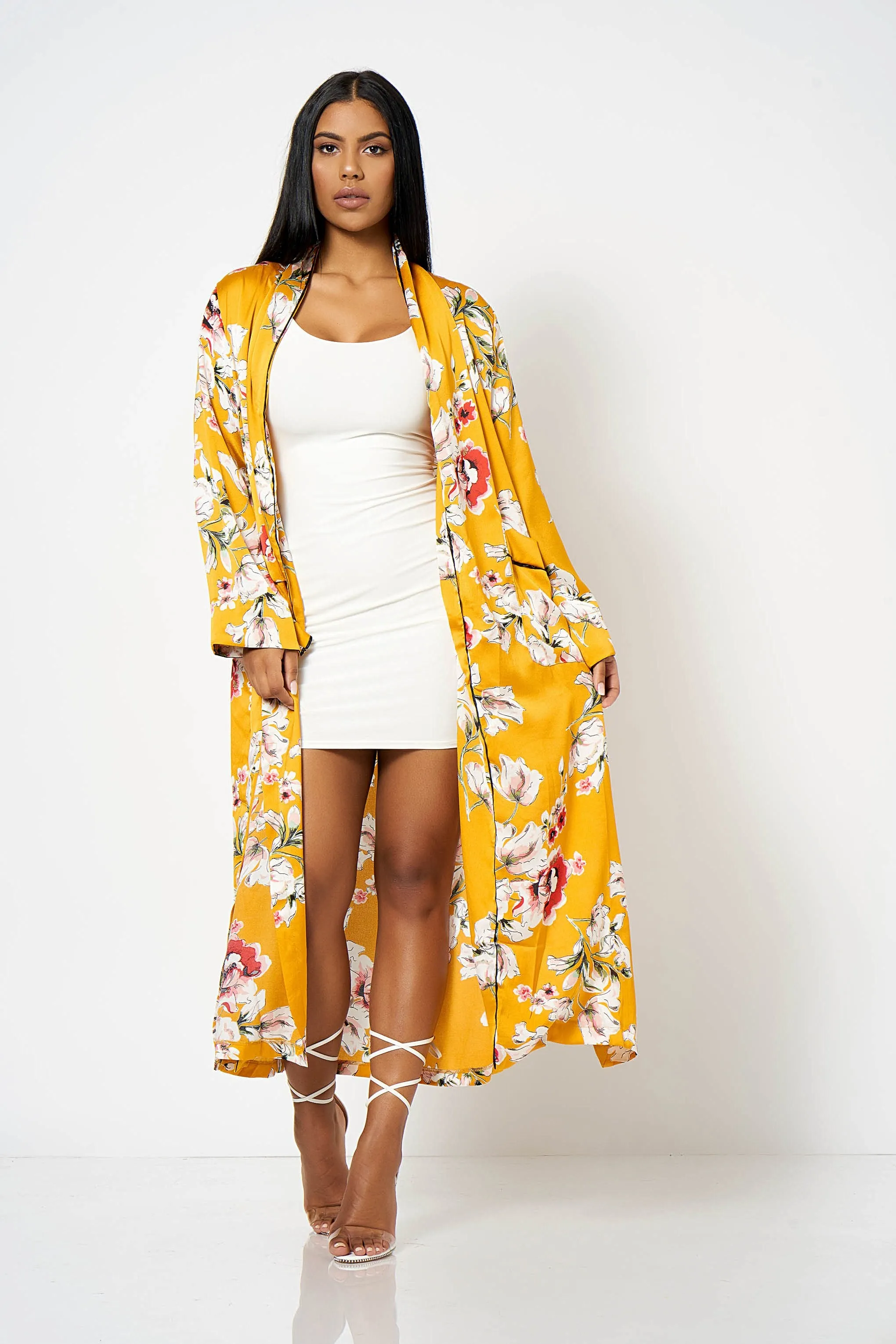 Mustard Satin Floral Duster Coat