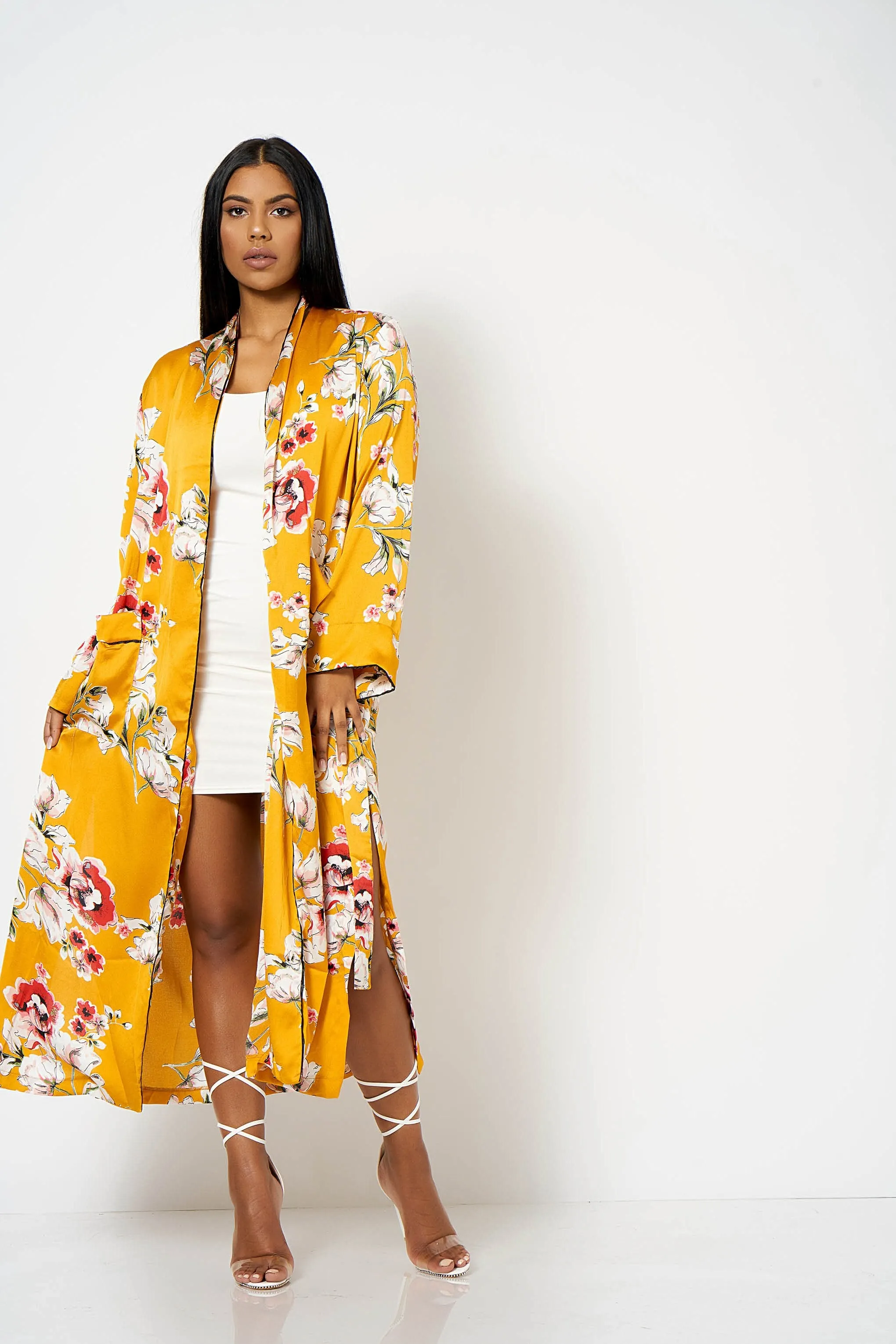 Mustard Satin Floral Duster Coat