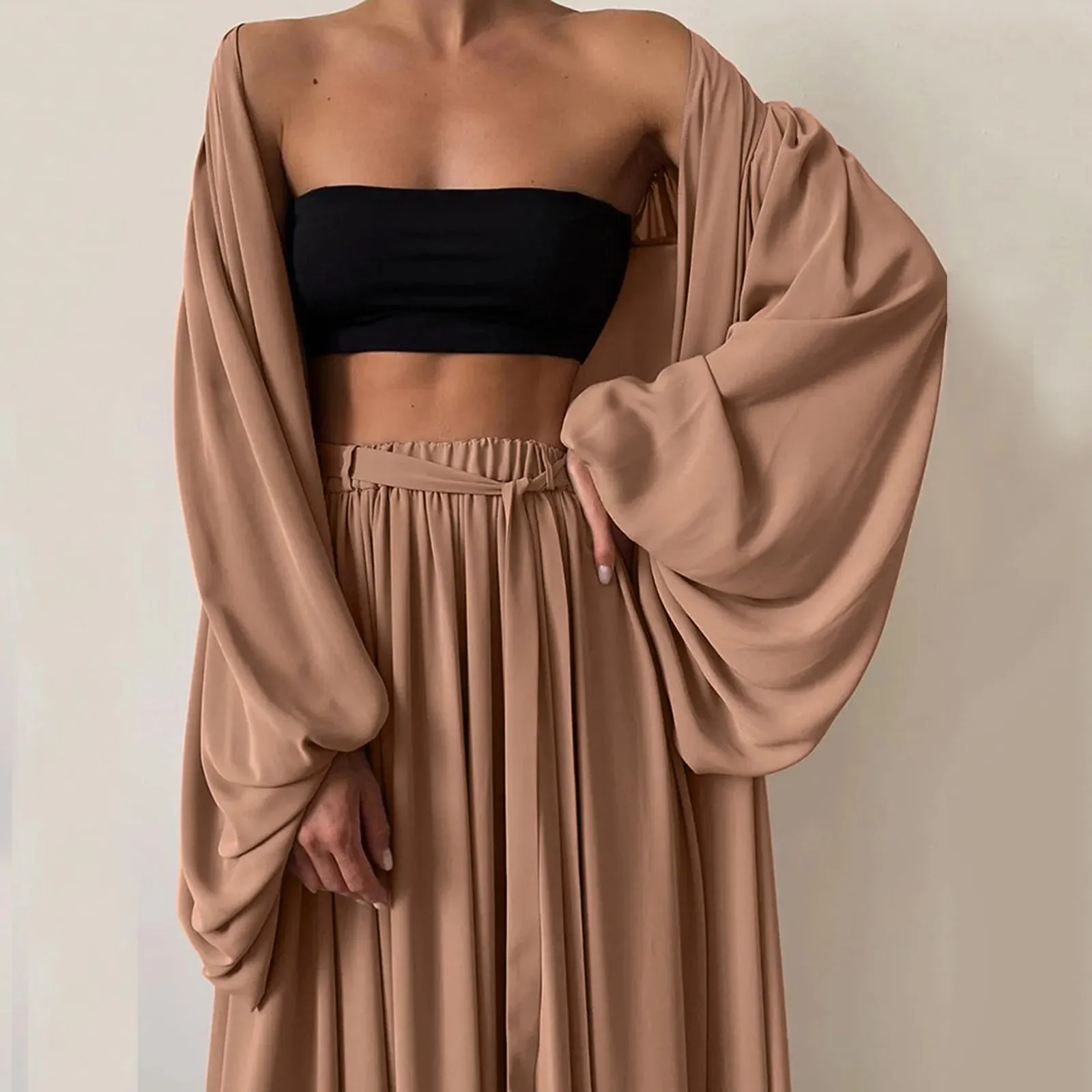 Off Shoulder Wide Leg Women's Fashion 3Pcs Solid Color Strapless Vest Oversized Cardigan High Waist Sexy Set