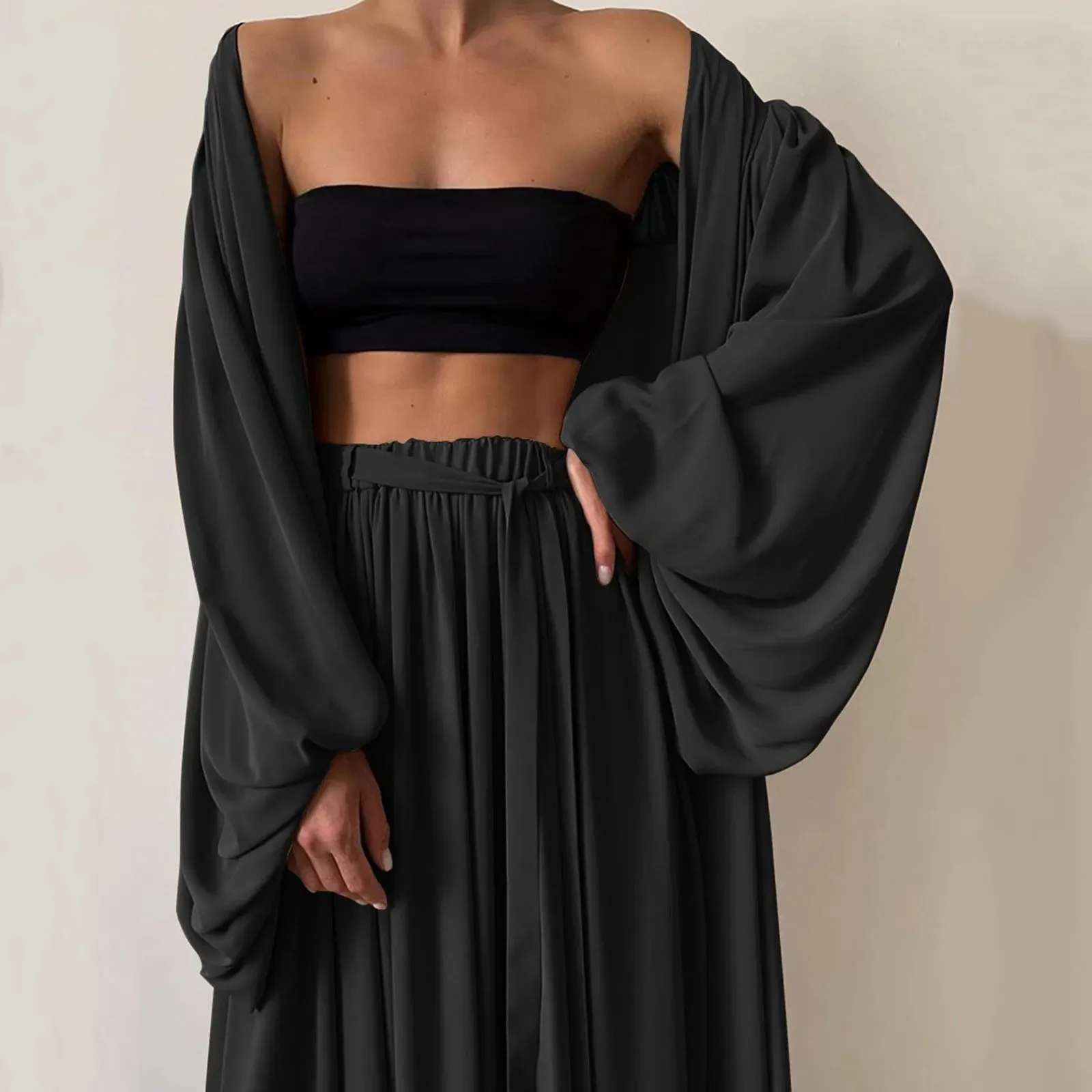 Off Shoulder Wide Leg Women's Fashion 3Pcs Solid Color Strapless Vest Oversized Cardigan High Waist Sexy Set