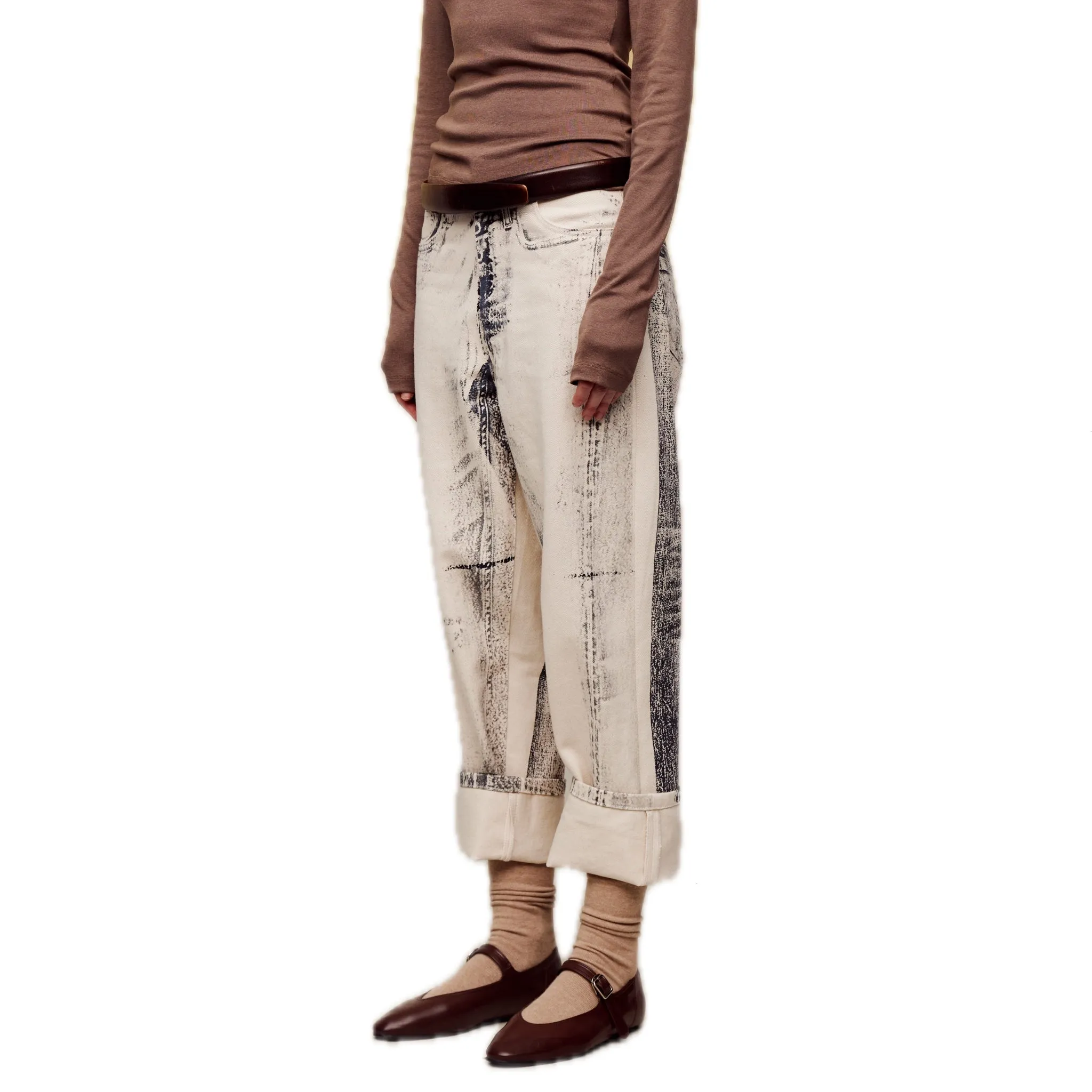 Offset Printed Denim Cropped Tapered Pants