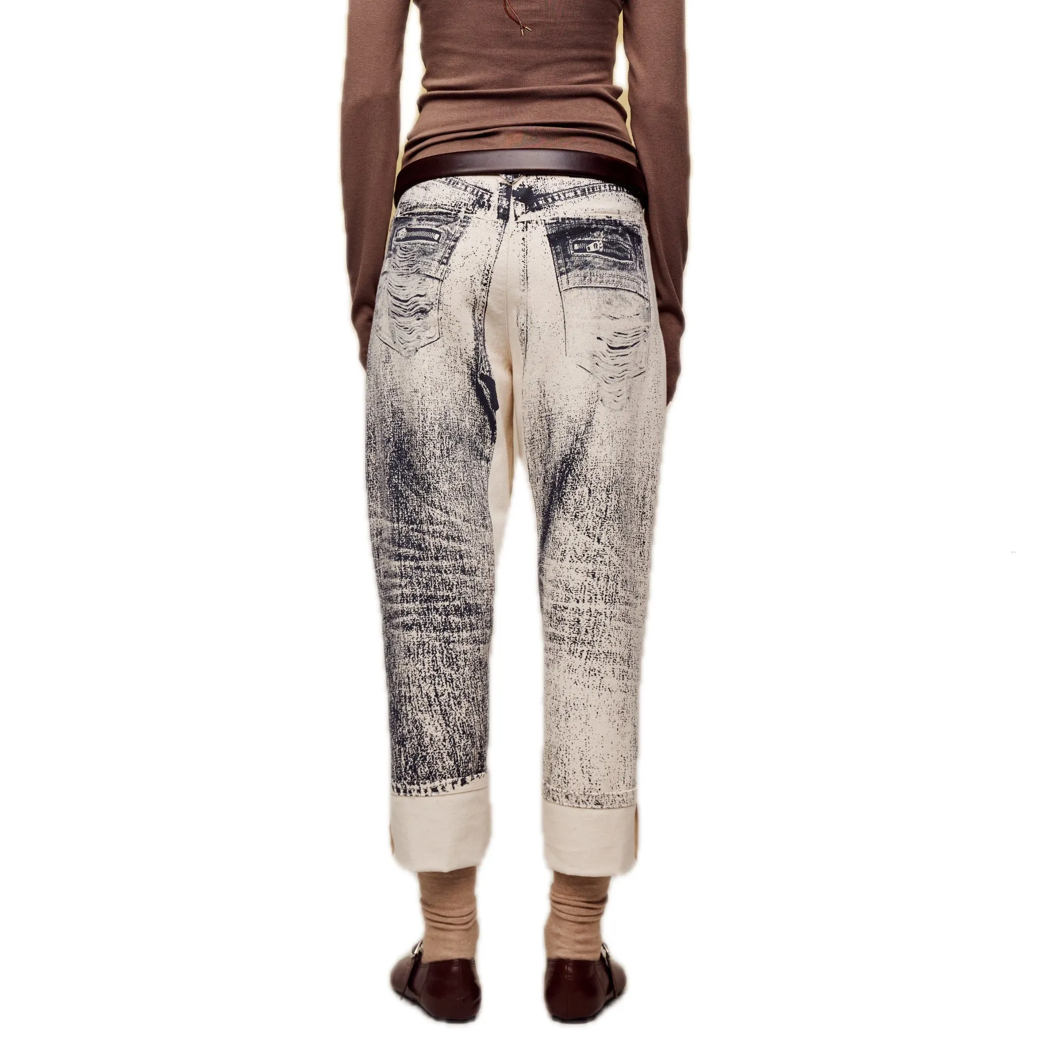 Offset Printed Denim Cropped Tapered Pants