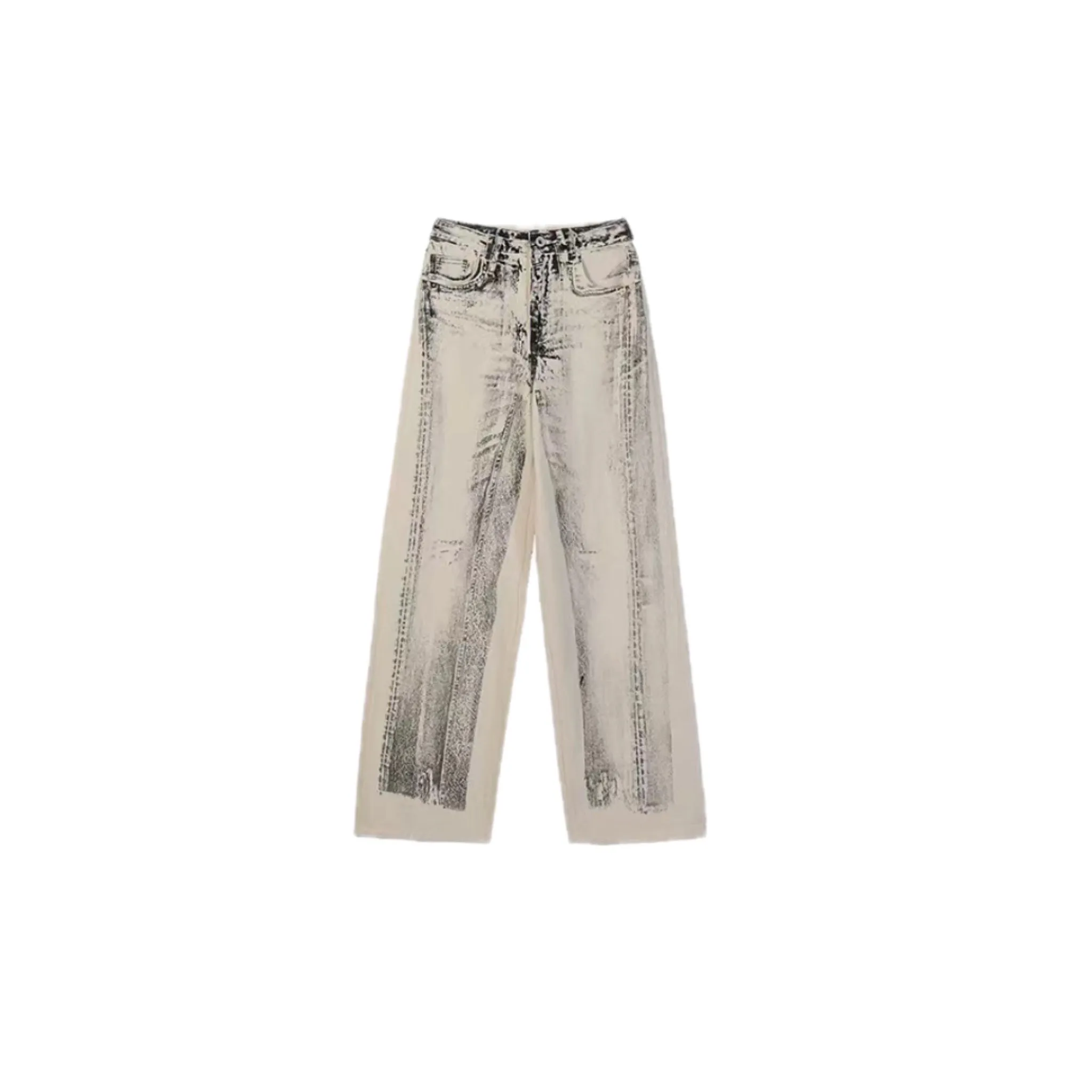 Offset Printed Denim Cropped Tapered Pants