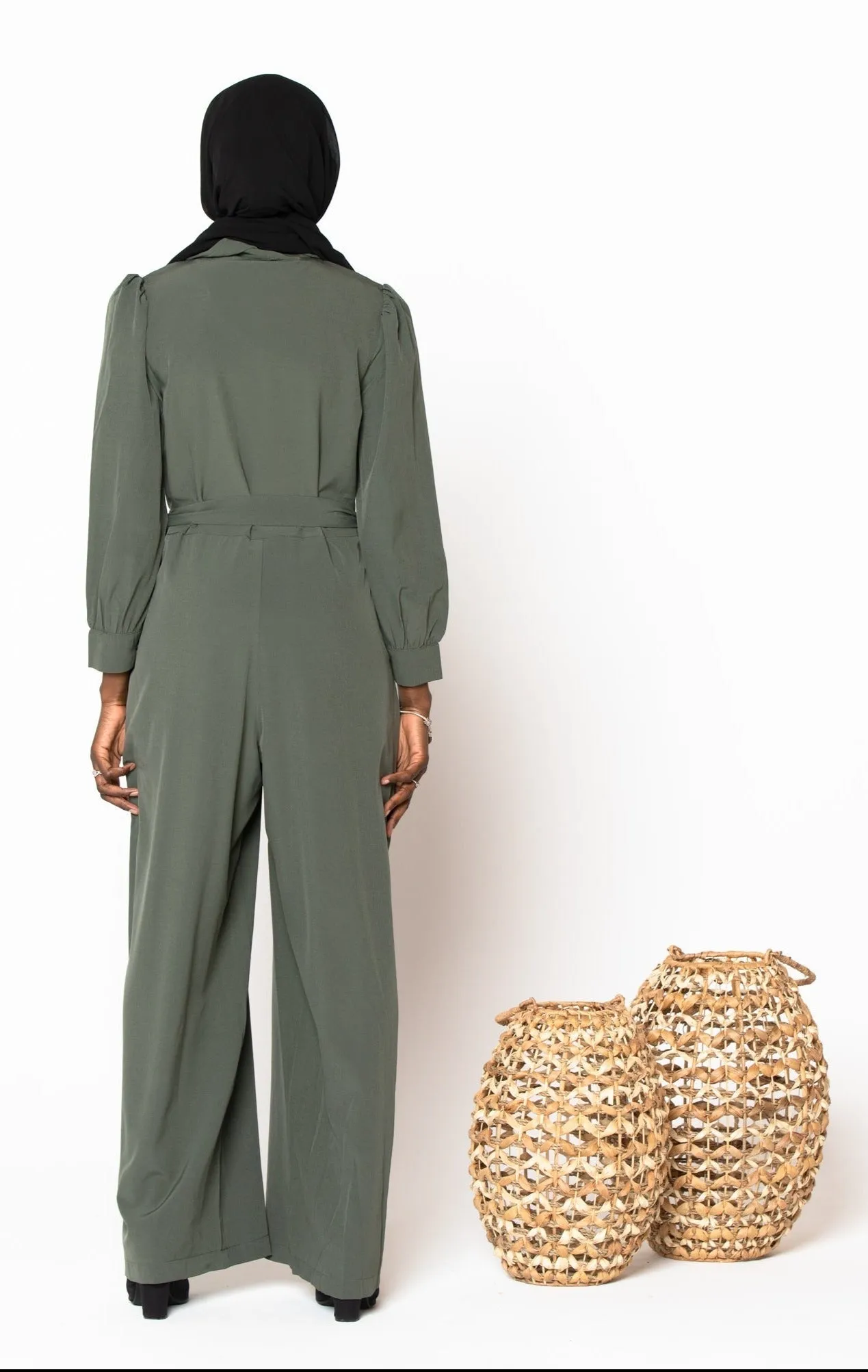 Olive Lattice Long Sleeve Jumpsuit-CLEARANCE