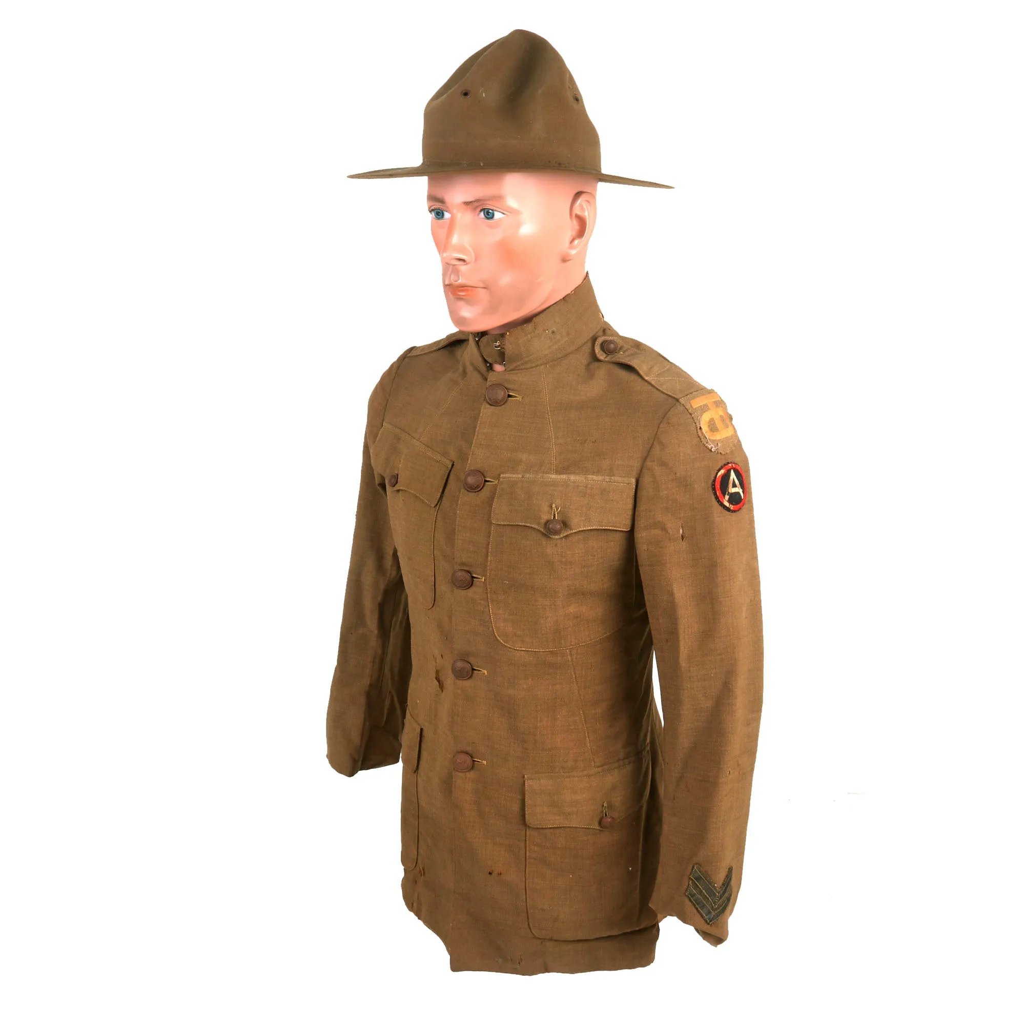 Original U.S. WWI Named Tough ‘Ombres 90th Division Uniform Grouping - Double Patched Uniform - Bag of Captured German Souvenirs