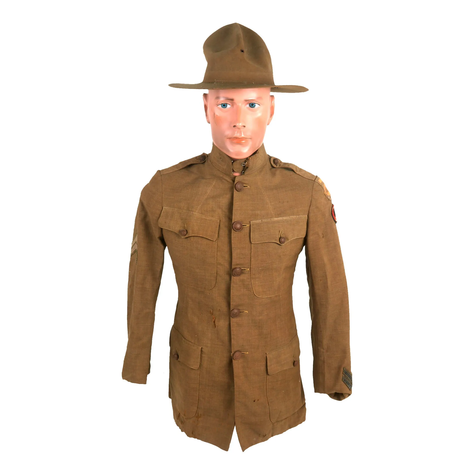 Original U.S. WWI Named Tough ‘Ombres 90th Division Uniform Grouping - Double Patched Uniform - Bag of Captured German Souvenirs