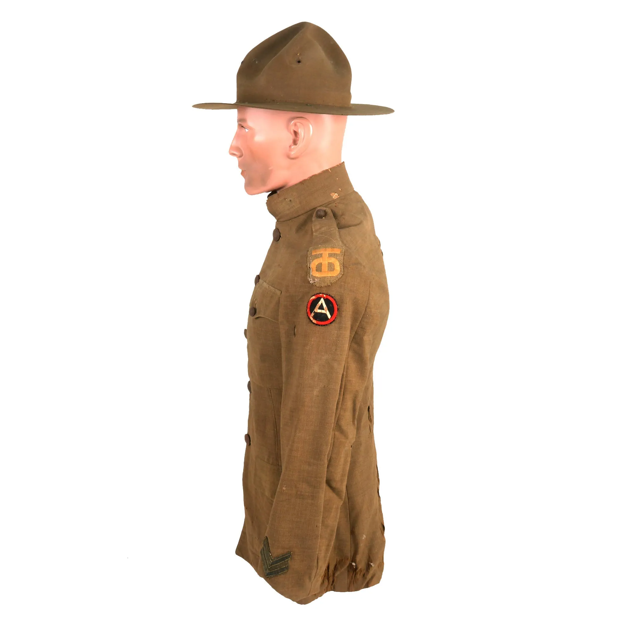 Original U.S. WWI Named Tough ‘Ombres 90th Division Uniform Grouping - Double Patched Uniform - Bag of Captured German Souvenirs