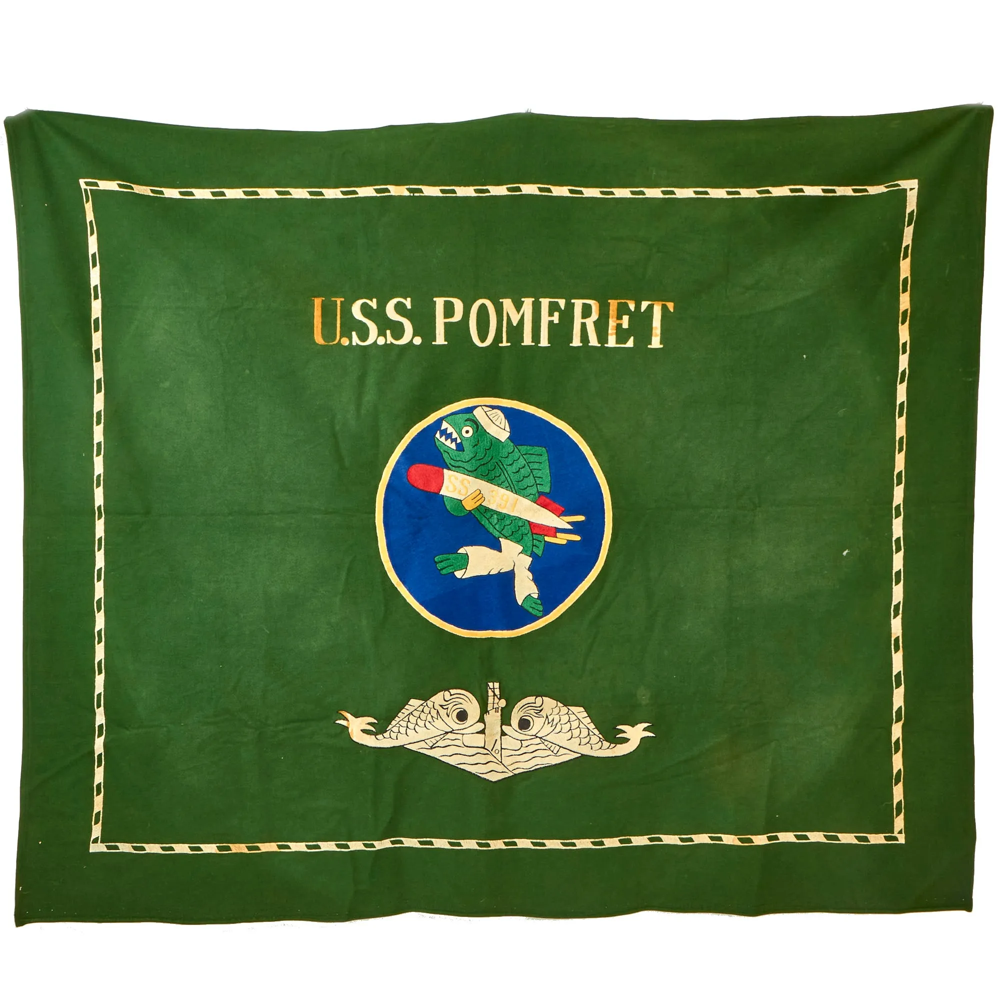 Original U.S. WWII USS Pomfret (SS-391) Balao-class Submarine Wool Embroidered “Battle Flag” - 64 ½” x 53 ½”