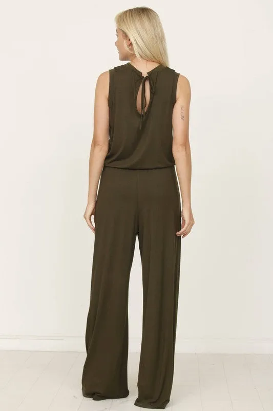 plus solid draw string pocket jumpsuit