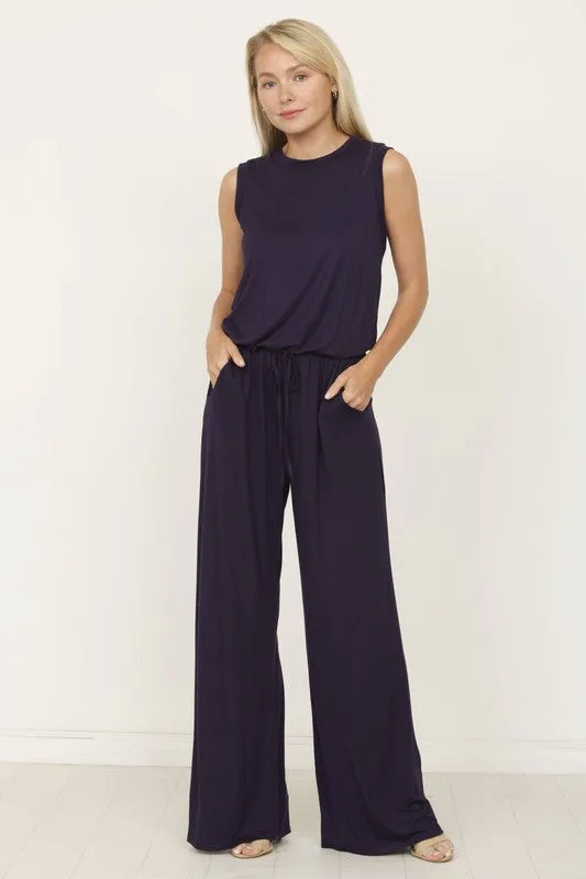 plus solid draw string pocket jumpsuit