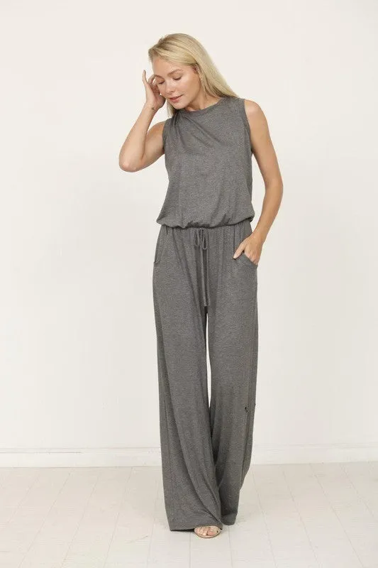 plus solid draw string pocket jumpsuit