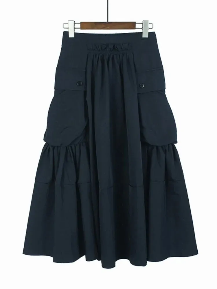 Pre Order:  High Waist Cargo Pockets Mid-calf Skirt