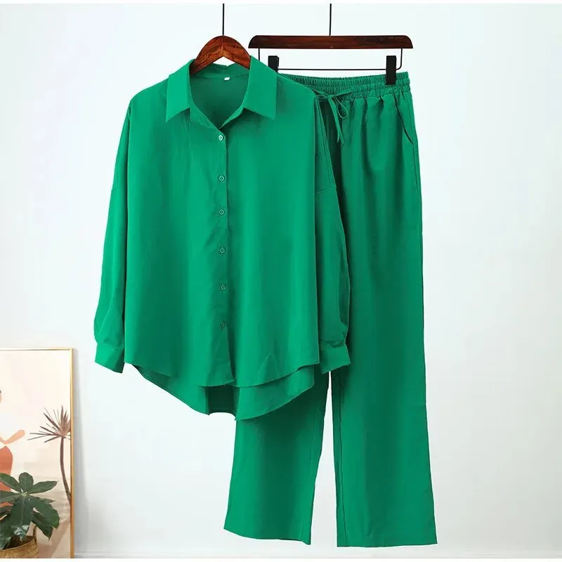 Pre Order:  Long Sleeves Shirt   Wide Leg Pants Set