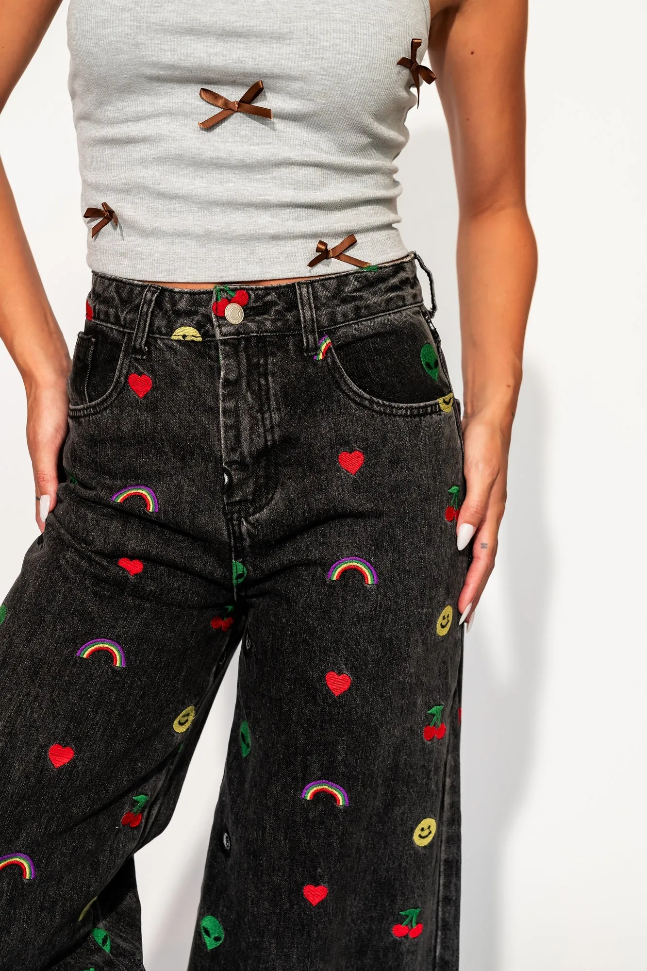 Rare Embroidered Wide Leg Denim in Happy Thoughts