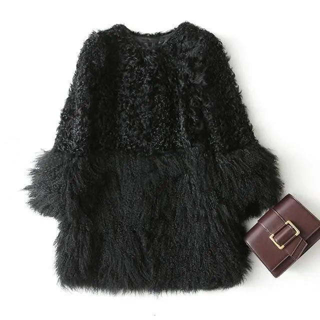 Real Fur Coat for Women Natural Lamb Fur with Mongolia Sh...