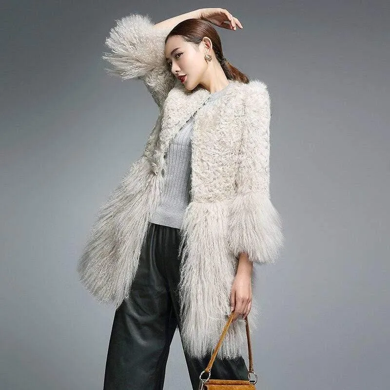 Real Fur Coat for Women Natural Lamb Fur with Mongolia Sh...