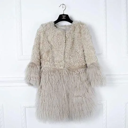 Real Fur Coat for Women Natural Lamb Fur with Mongolia Sh...