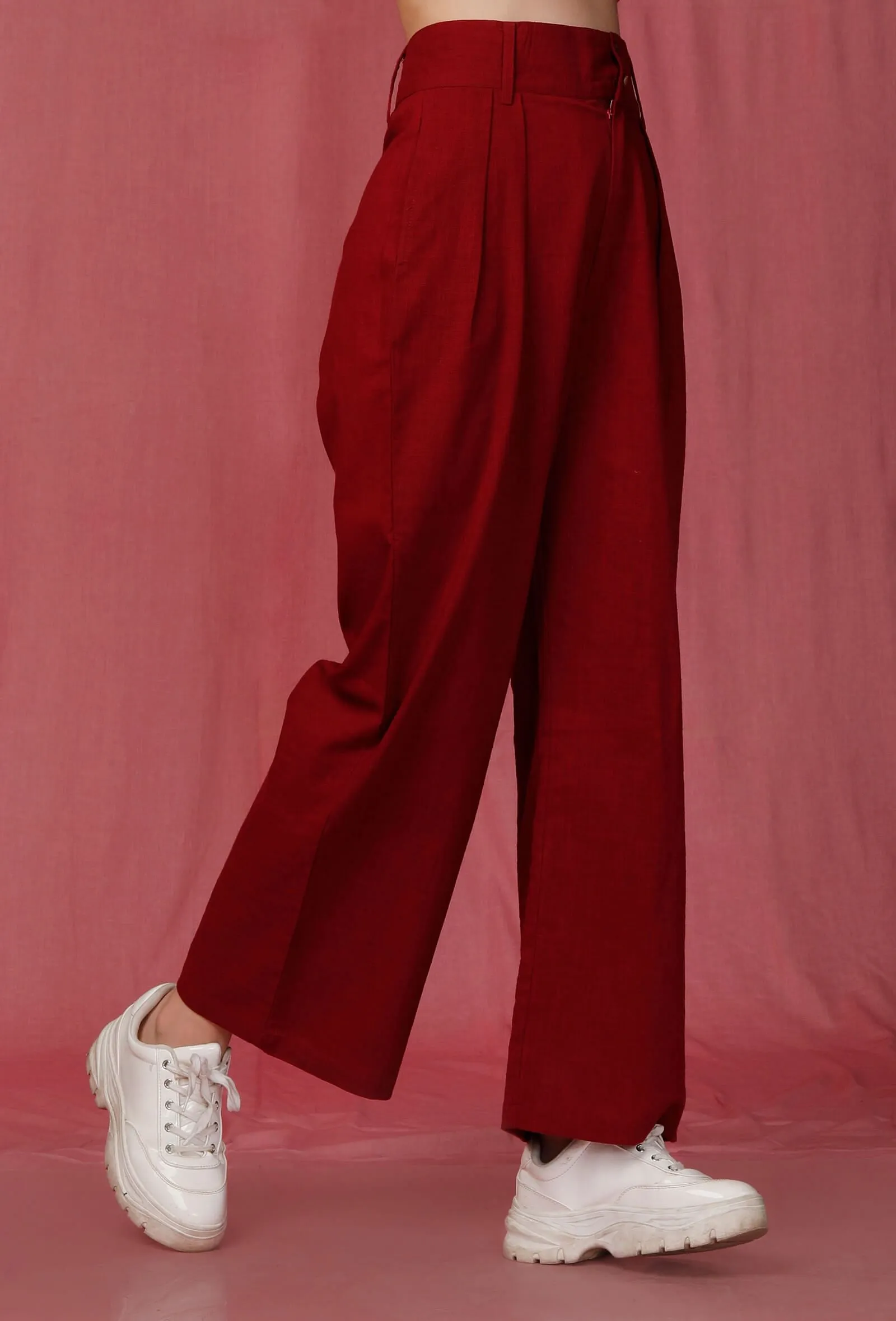 Red Plain Linen Pant