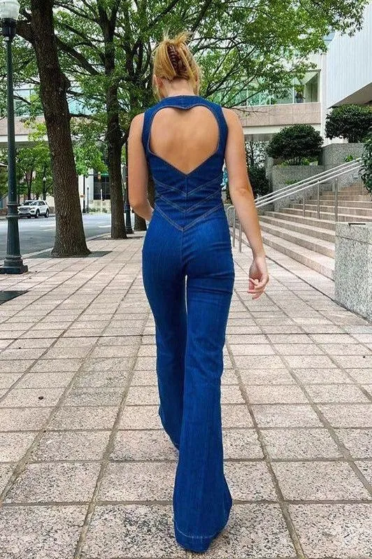 retro style high waist washed denim jumpsuit